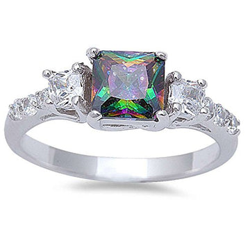 Wedding Ring Princess Cut Simulated Rainbow CZ 925 Sterling Silver